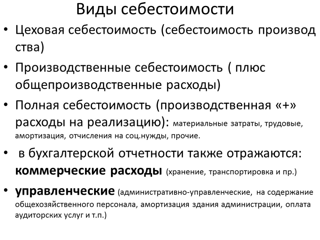 Виды себестоимости Цеховая себестоимость (себестоимость производ ства) Производственные себестоимость ( плюс общепроизводственные расходы) Полная